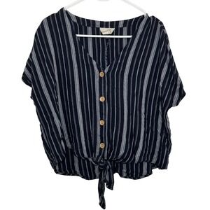 Universal Thread Navy White Striped Tie Front Button Down Blouse Top Large